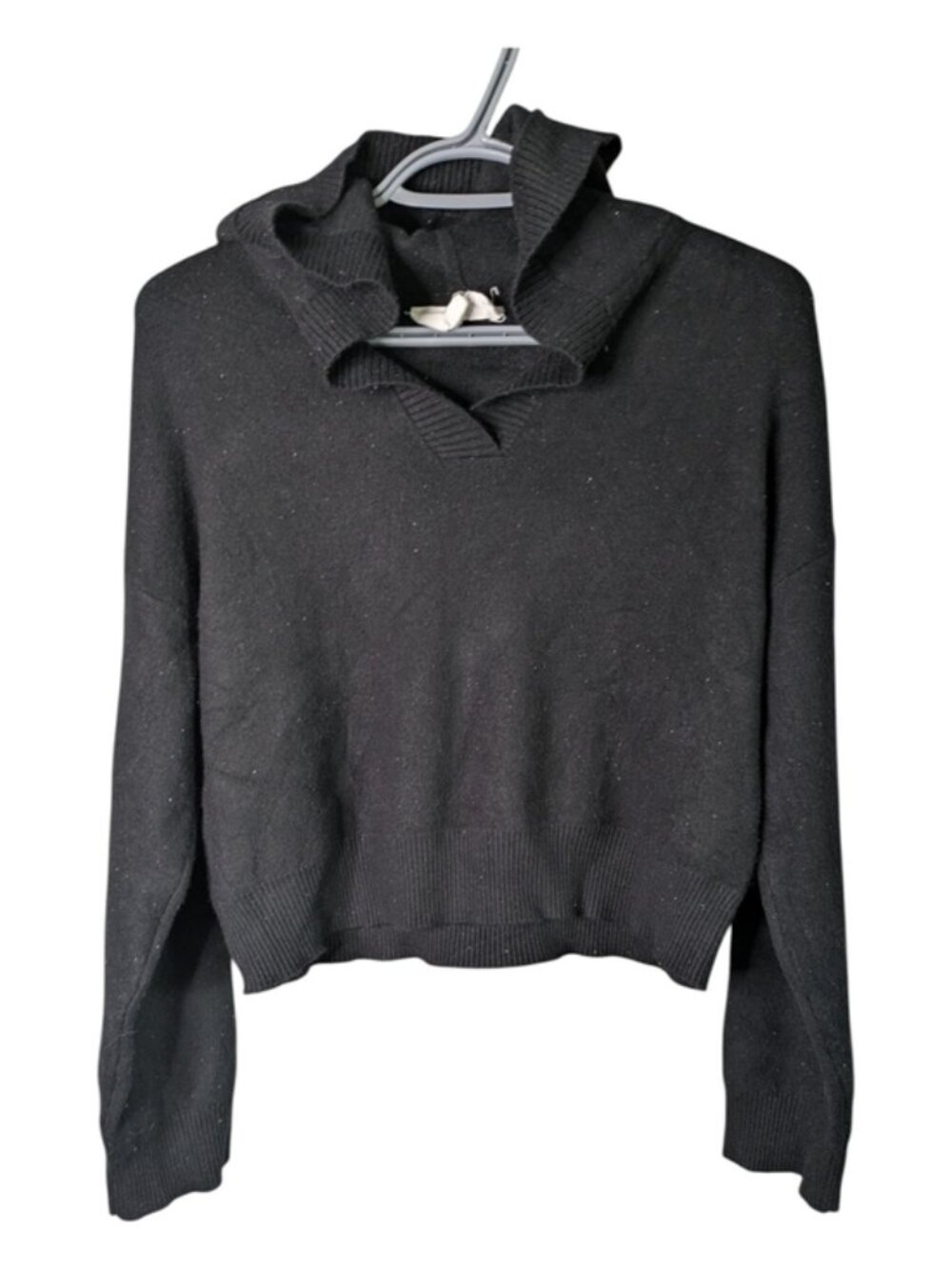 Pomander Place Black Zarah Cropped Hooded Knit Sweater Glitter Pullover Size XS